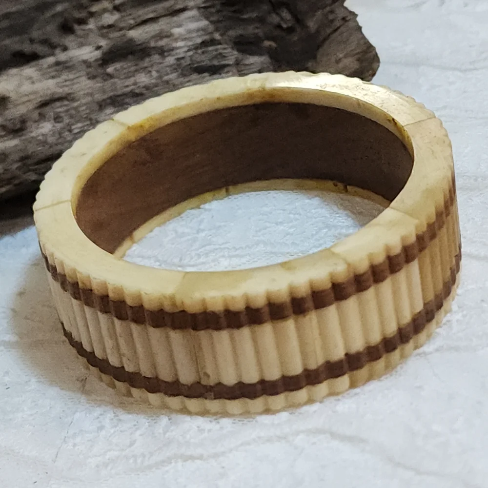 Vintage Boho Faux Bone Resin With Wood Inlay Bangle Cuff Bracelet